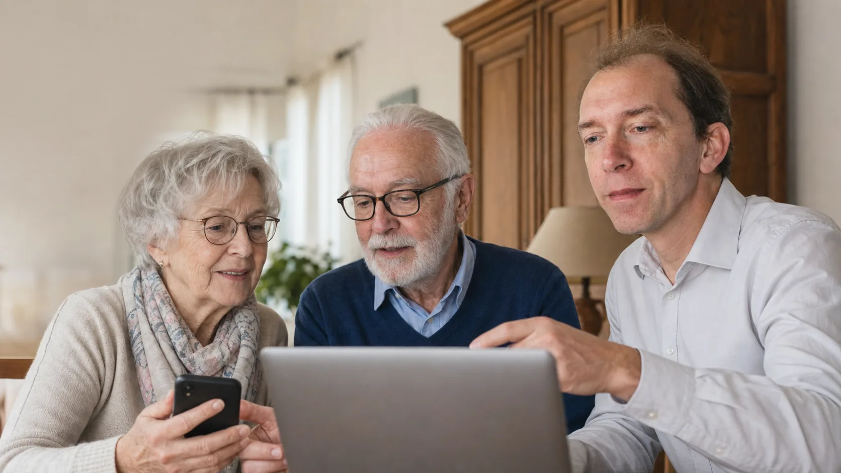 Pascal Martin accompagne un couple dans l’utilisation de son ordinateur et de son smartphone